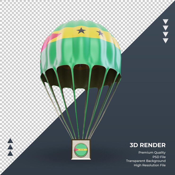 PSD 3d paraquedas da bandeira de são tomé e príncipe renderizando a vista frontal