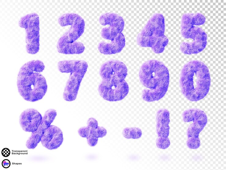PSD 3d pelaje púrpura números esponjosos fuente de 0 a 9 lindo pelaje porcentaje signo de interrogación signo de exclamación más menos símbolo con textura de cabello divertido niños alfabeto de lana suave render