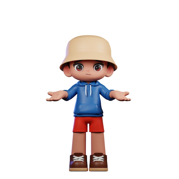 3d Pequeña figura de un niño con una camisa azul y pantalones cortos rojos que no tiene idea de la postura