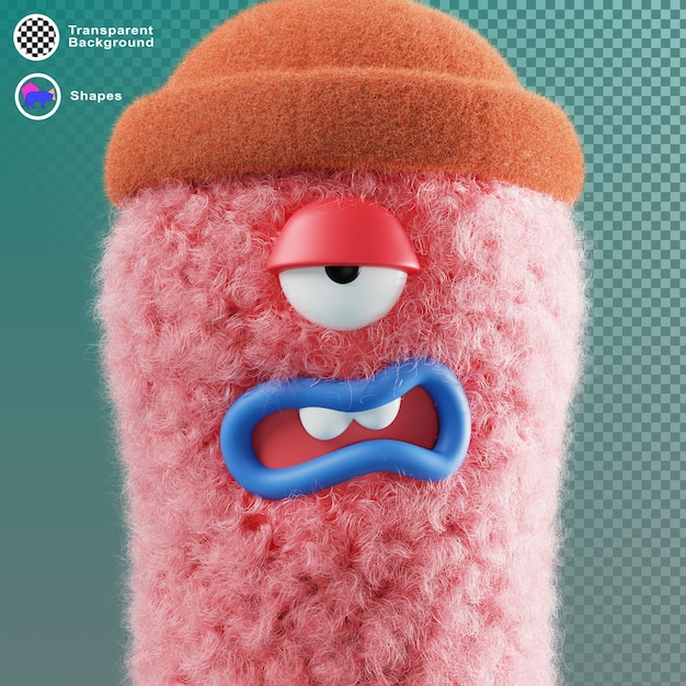 3d personagem de quadrinhos fofo pele textura do rosto com expressão de emoção render Cartoon cabeça enrolada difusa em chapéu com cor olho boca e dentes mascote de lã peluda cansado sonolento entediado
