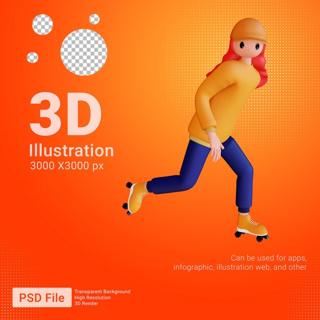 PSD 3d personagem feminina curtindo patinação