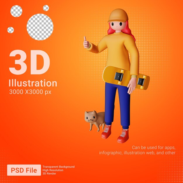 3d personagem feminina em pé segurando um skate com um gato