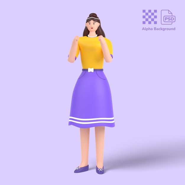 3d personagem feminina gesto vencedor expressando emoção positiva sorrindo bem sucedido