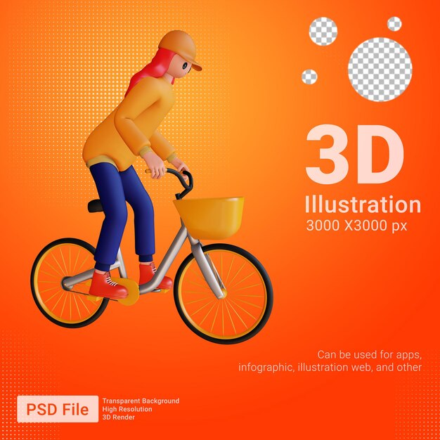 PSD 3d personagem feminina jogando bicicleta em pé