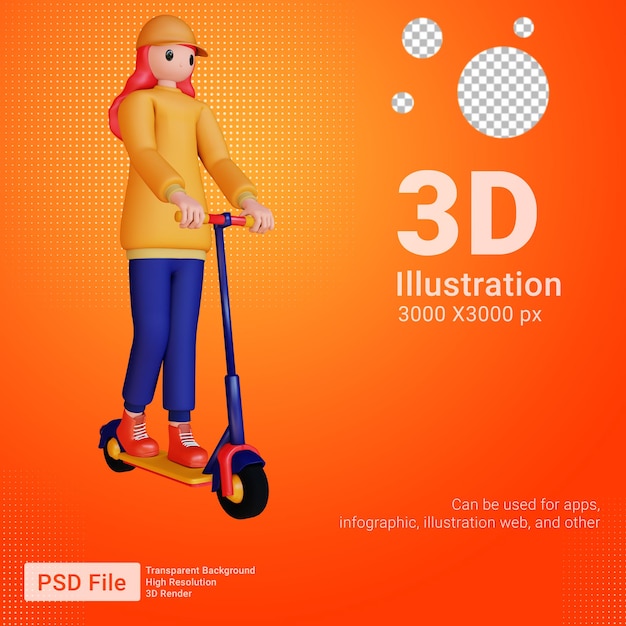 PSD 3d personagem feminina pedalando skate e pulando gato