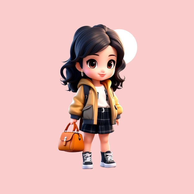 PSD 3d personagem garota bonita chibi garota realista ai personagem de desenho animado bonito pronto para imprimir design de camiseta