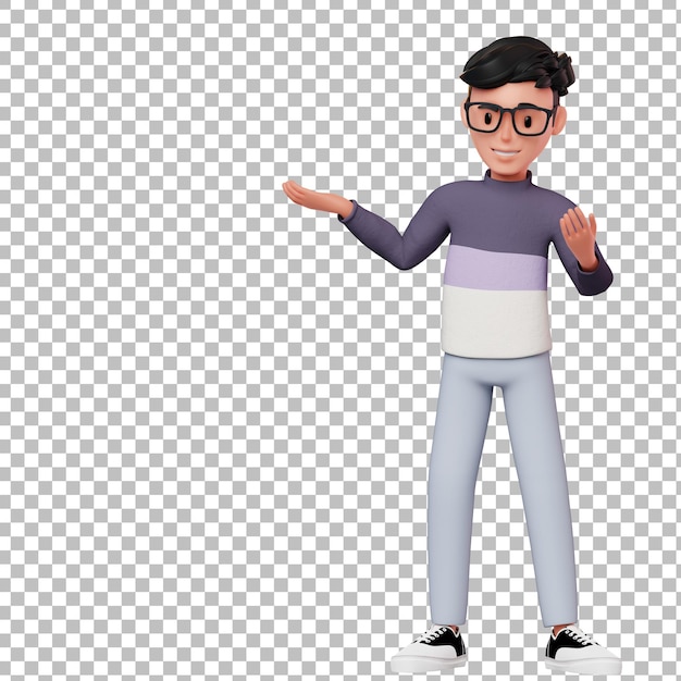 3d personagem masculino apresentando algo à sua direita