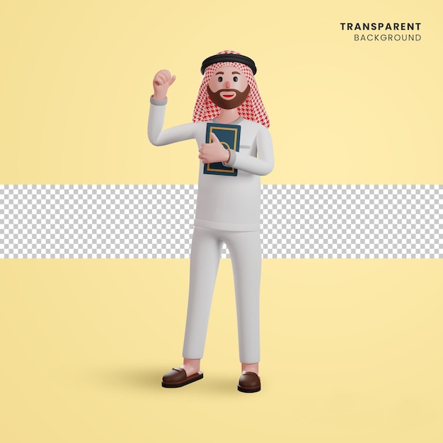 3d personagem masculino árabe segurando o Alcorão