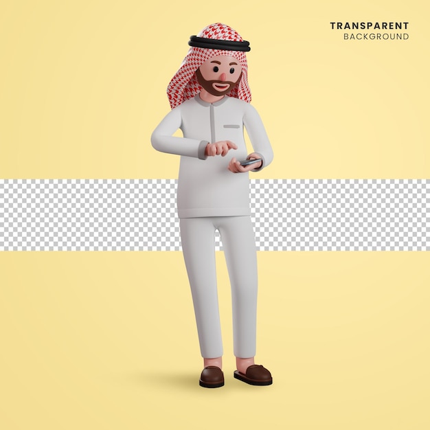 3d personagem masculino árabe usando smartphone