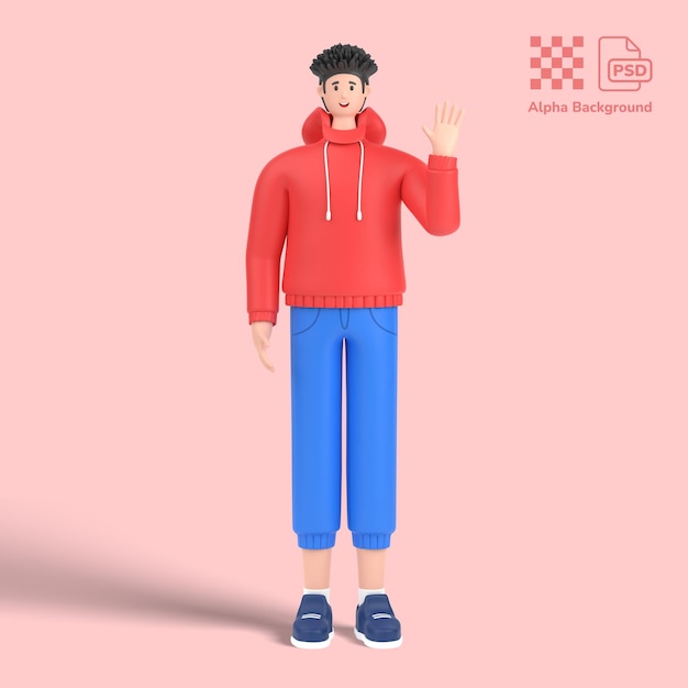 3d personagem masculino dizendo olá com acenando a mão