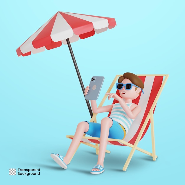 PSD 3d personagem masculino relaxando na cadeira dobrável de verão enquanto estiver usando o tablet