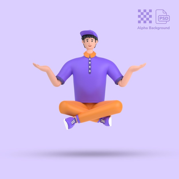 3d personagem masculino sentado em pose de meditação de ioga com a palma da mão aberta mostrando espaço de cópia