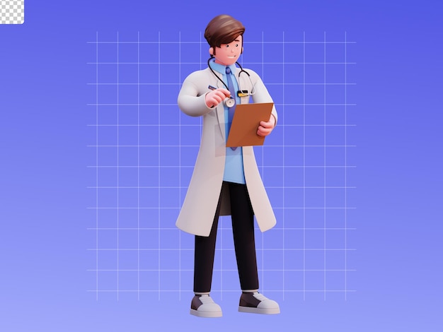 3d personagem médico masculino ilustração escrevendo relatório