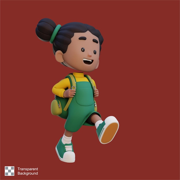 3d personagem menina feliz caminhando ir para a escola segurando saco