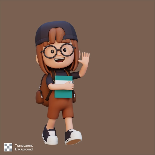 3d personaje de chica feliz caminando ir a la escuela sosteniendo el libro y agitando la mano