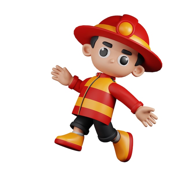 PSD 3d, personaje estilizado, bombero, feliz, salto, pose