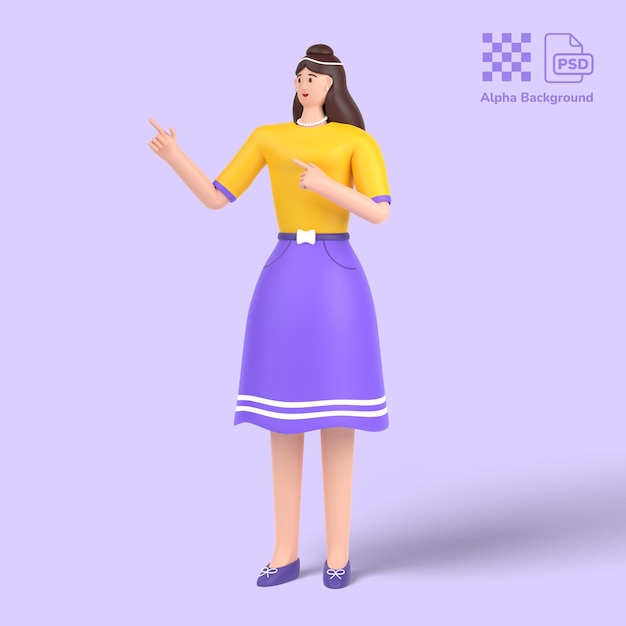 3d personaje femenino apuntando con dos manos y dedos hacia un lado