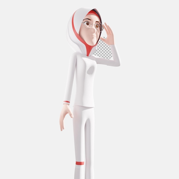 3d personaje femenino en hijab de pie con un vestido blanco y levantando la mano