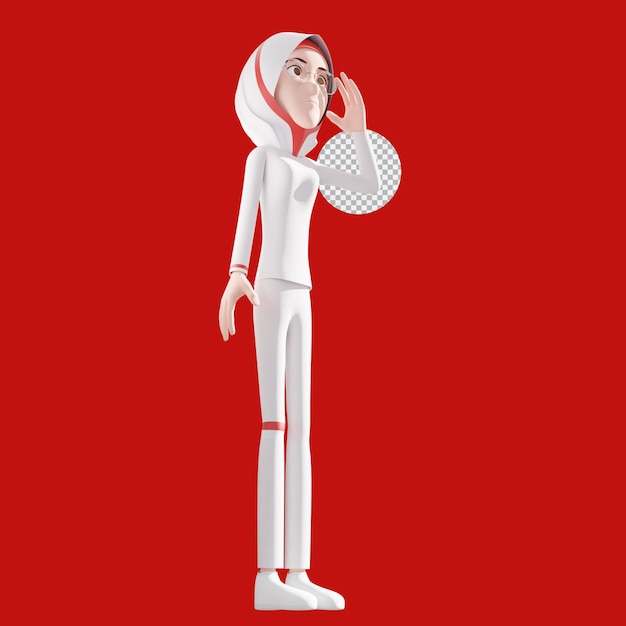 3d personaje femenino en hijab de pie con un vestido blanco y levantando las manos respetuosamente