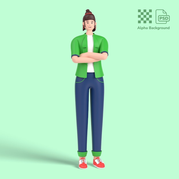 3d personaje femenino de pie y pensando con pose de brazos cruzados