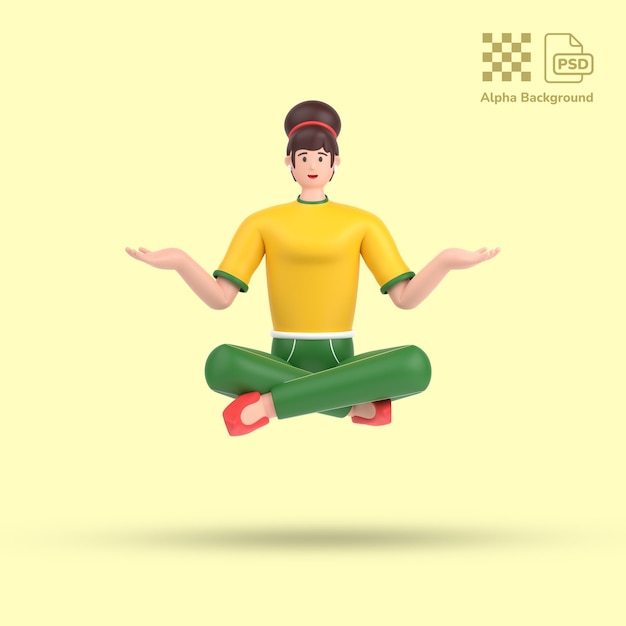3d personaje femenino sentado en pose de meditación de yoga con la palma abierta mostrando espacio de copia