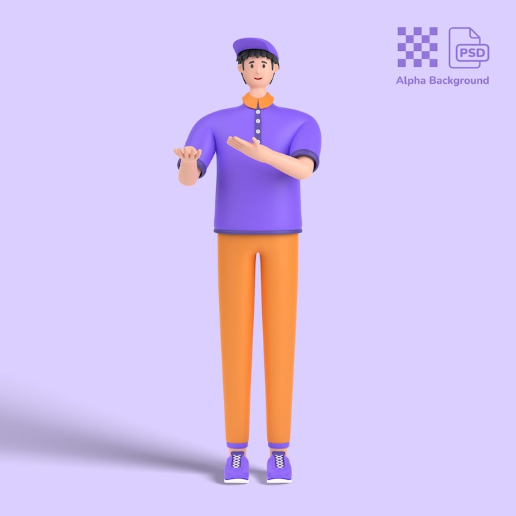PSD 3d personaje masculino apuntando con las manos juntas y mostrando o presentando algo mientras está de pie