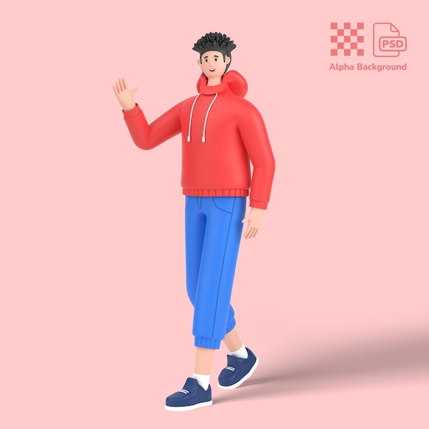 3d personaje masculino caminando ir agitando la mano decir hola