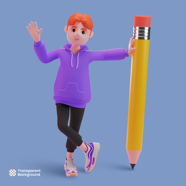 3d personaje masculino del escritor agitando su mano