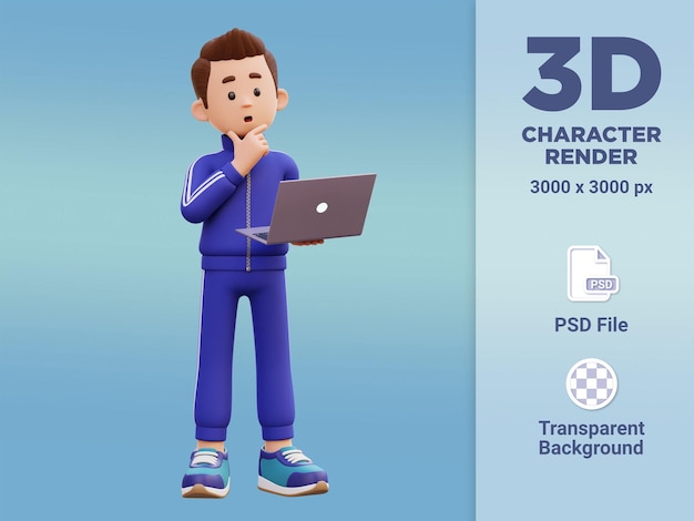3d personaje masculino pensando y trabajando en una computadora portátil