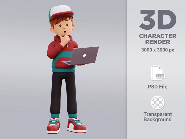 3d personaje masculino pensando y trabajando en una computadora portátil