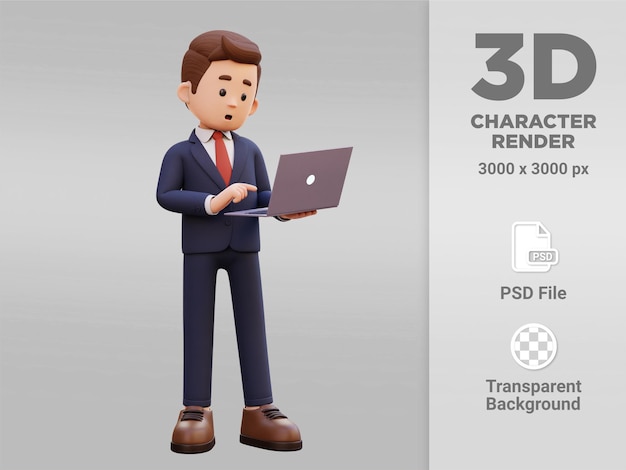 3d personaje masculino de pie confundido trabajando en una computadora portátil