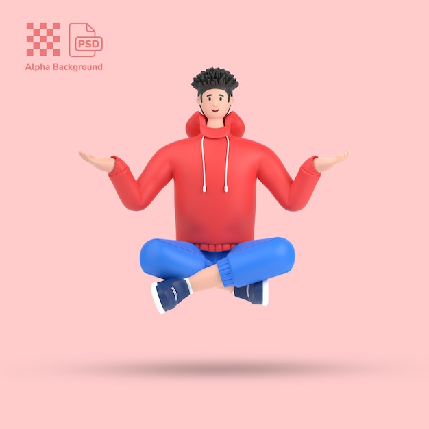 3d personaje masculino sentado en pose de meditación de yoga con la palma abierta mostrando espacio de copia