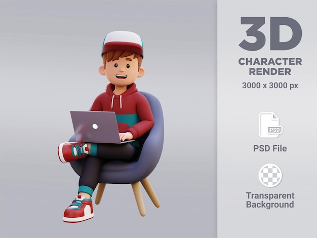 3d personaje masculino sentado en un sofá y trabajando en una computadora portátil