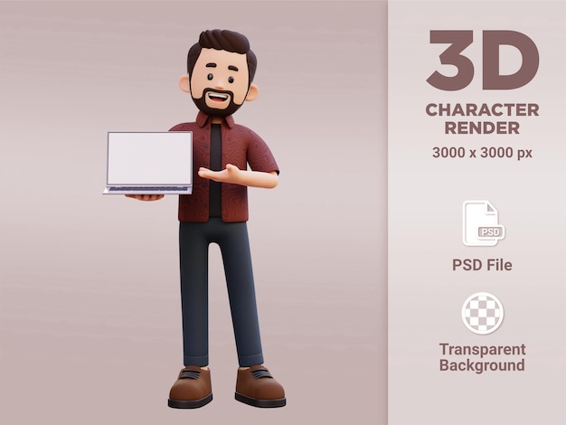 3d personaje masculino sosteniendo y presentando a una computadora portátil con pantalla vacía