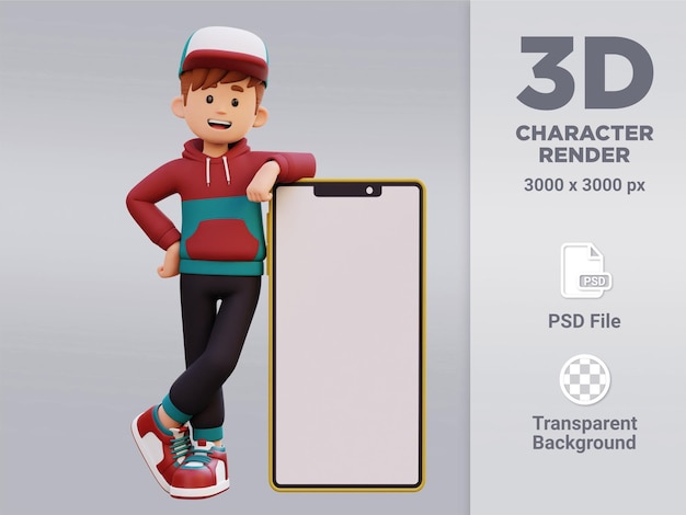 3d personaje masculino tendido en un gran teléfono inteligente con pantalla vacía