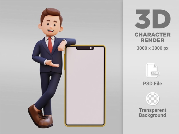 PSD 3d personaje masculino tendido y presentado en un gran teléfono inteligente con pantalla vacía