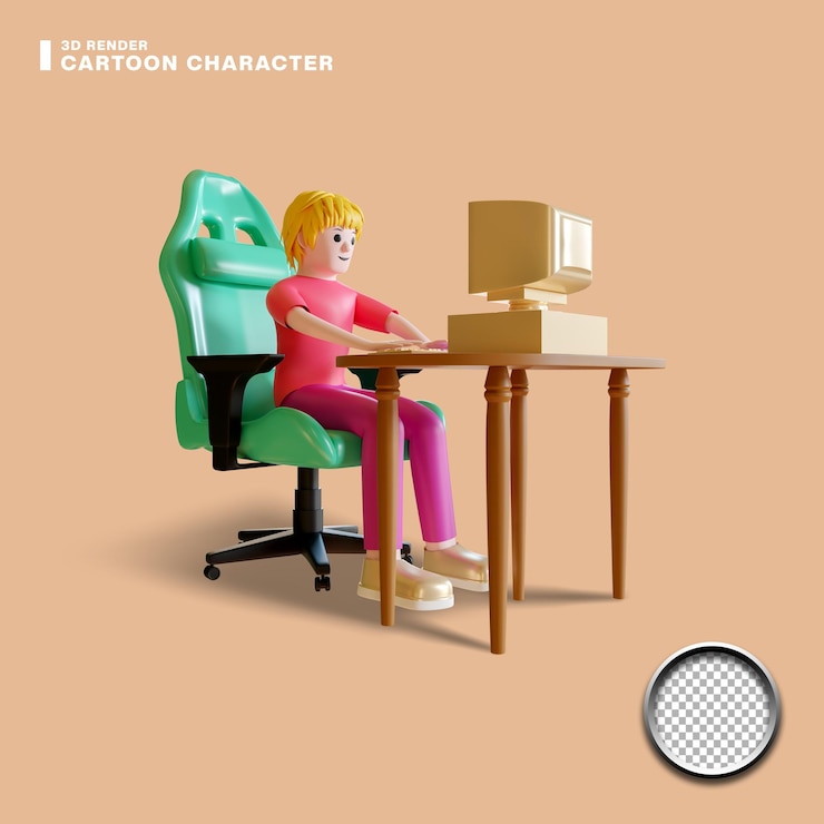 PSD 3d personaje masculino trabajando en escritorio con computadora vintage
