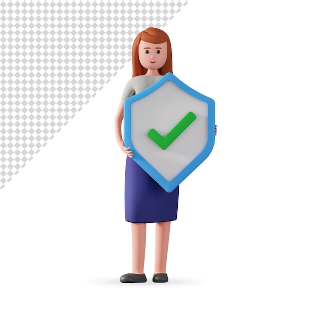 3d personaje de mujer sosteniendo escudo con marca de verificación