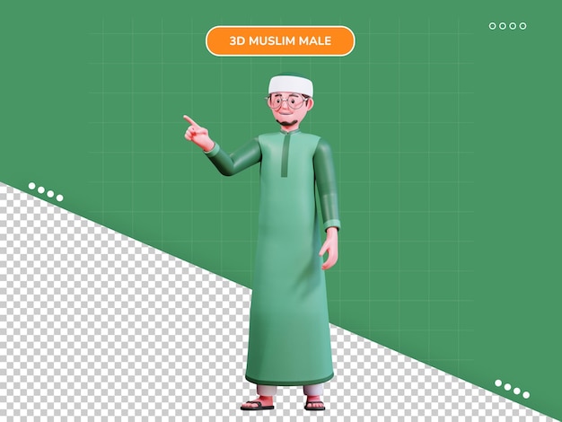 3d personaje musulmán masculino con ropa verde señalando pose