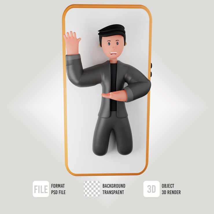 PSD 3d personaje de negocios masculino explicando algo con icono de teléfono de mano