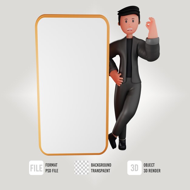 3d personaje de negocios masculino ok con icono de teléfono de mano