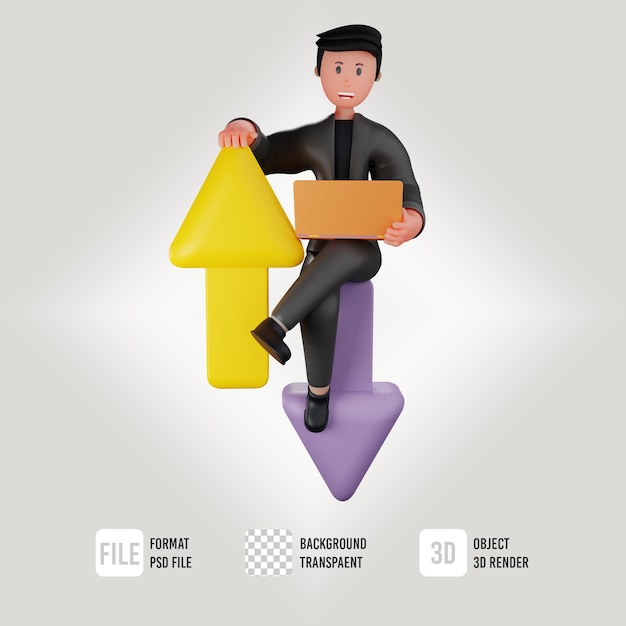 3d personaje de negocios masculino sentado sosteniendo portátil con icono arriba abajo