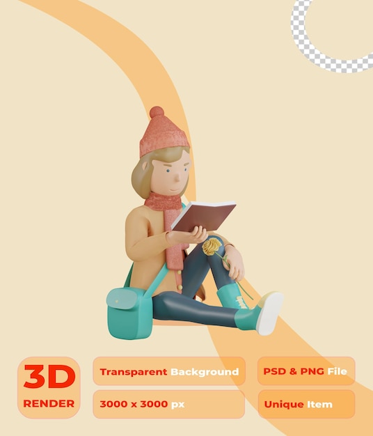 3d personaje de otoño sentarse leyendo libro 3d render