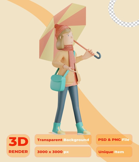 3d personaje de otoño sosteniendo paraguas 3d render