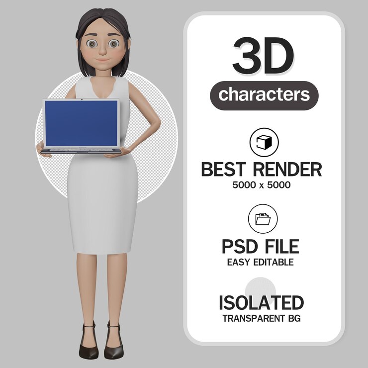 PSD 3d personaje personaje de dibujos animados mujer inteligente con laptop vestido blanco