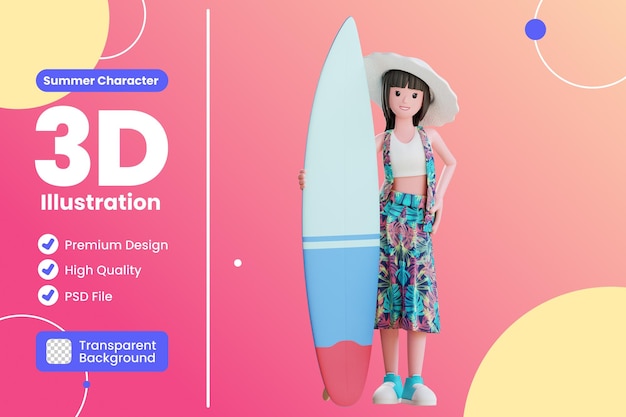 3d personaje de verano femenino de pie junto a la tabla de surf con sombrero de playa