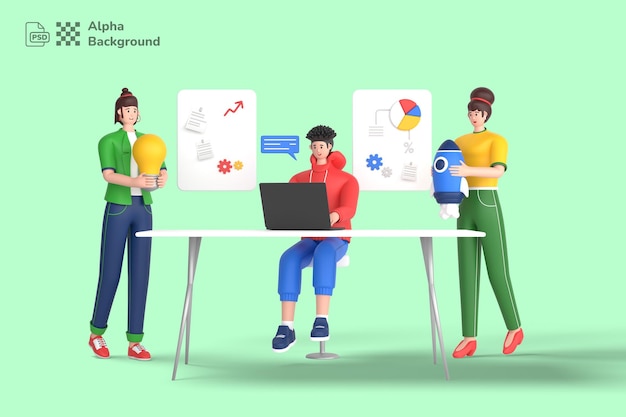 3d personas que comienzan un proyecto empresarial trabajando juntos ilustración 3d