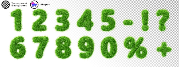 3d piel fuente esponjosa hierba verde textura números de 0 a 9 globos ecológicos naturales porcentaje signo de interrogación signo de exclamación más menos símbolo de venta descuento conjunto de renderización