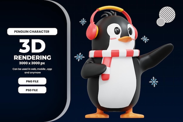 PSD 3d pinguim bonito apontando para a esquerda ilustração premium psd