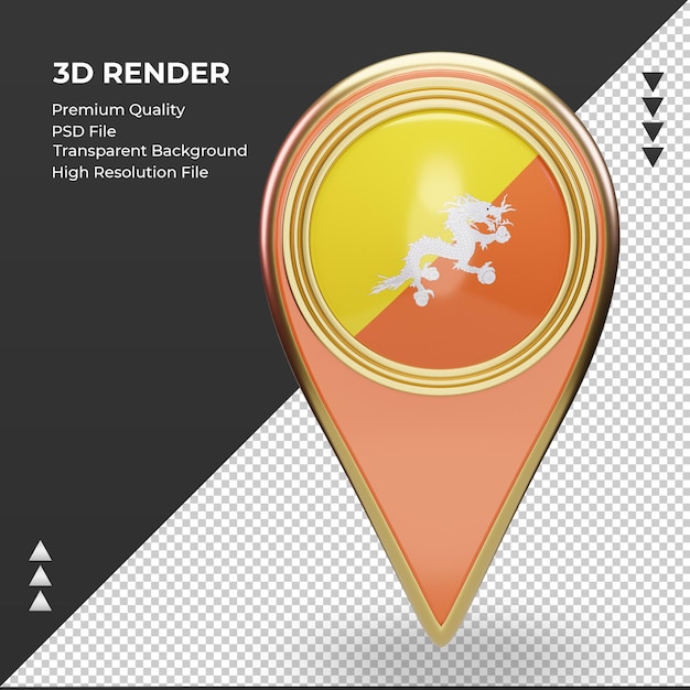 PSD 3d pino de localização da bandeira do butão renderizando vista frontal